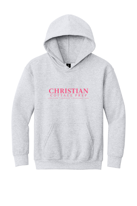 Christian Cottage Prep Youth Pink Logo Full Chest One Sided Hooded Sweatshirt