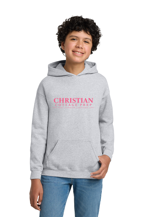Christian Cottage Prep Youth Pink Logo Full Chest One Sided Hooded Sweatshirt