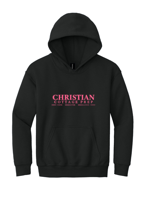 Christian Cottage Prep Youth Pink Logo Full Chest One Sided Hooded Sweatshirt