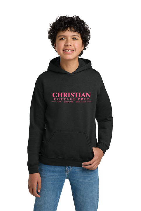 Christian Cottage Prep Youth Pink Logo Full Chest One Sided Hooded Sweatshirt