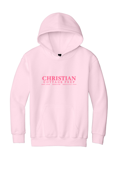 Christian Cottage Prep Youth Pink Logo Full Chest One Sided Hooded Sweatshirt