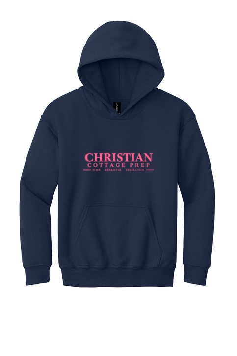 Christian Cottage Prep Youth Pink Logo Full Chest One Sided Hooded Sweatshirt