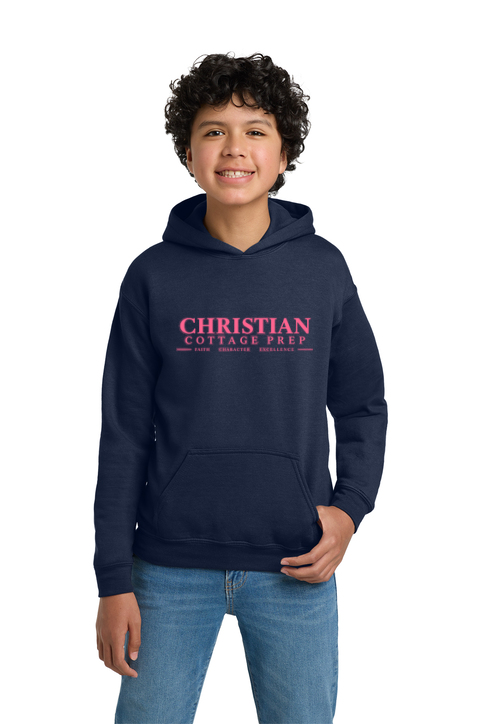 Christian Cottage Prep Youth Pink Logo Full Chest One Sided Hooded Sweatshirt