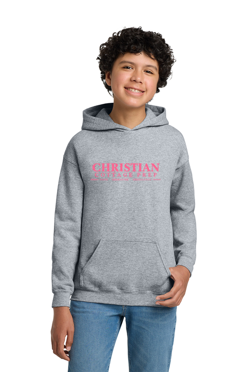 Christian Cottage Prep Youth Pink Logo Full Chest One Sided Hooded Sweatshirt