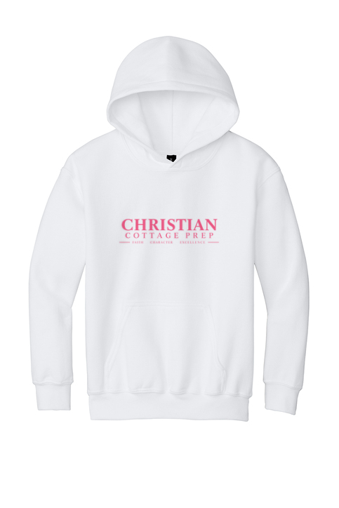 Christian Cottage Prep Youth Pink Logo Full Chest One Sided Hooded Sweatshirt