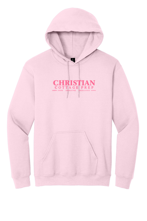 Christian Cottage Prep Pink Logo Full Chest One Sided Hooded Sweatshirt