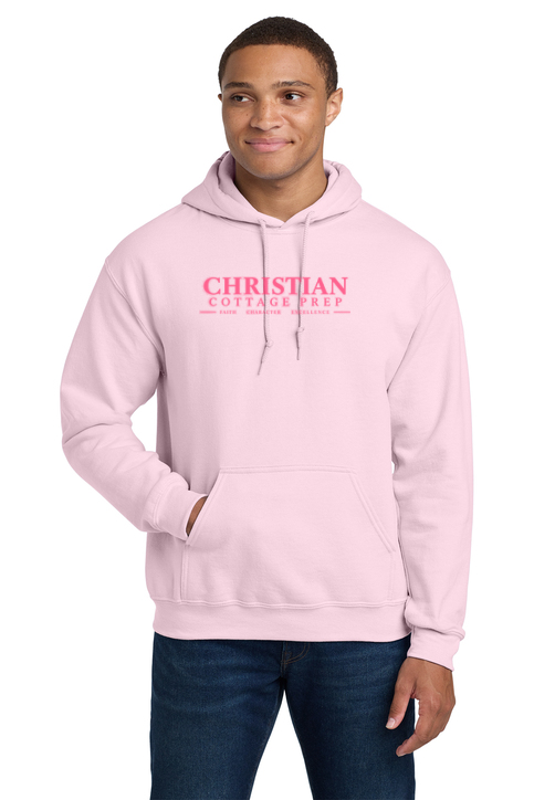 Christian Cottage Prep Pink Logo Full Chest One Sided Hooded Sweatshirt