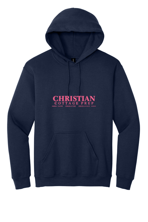 Christian Cottage Prep Pink Logo Full Chest One Sided Hooded Sweatshirt