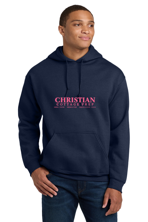 Christian Cottage Prep Pink Logo Full Chest One Sided Hooded Sweatshirt