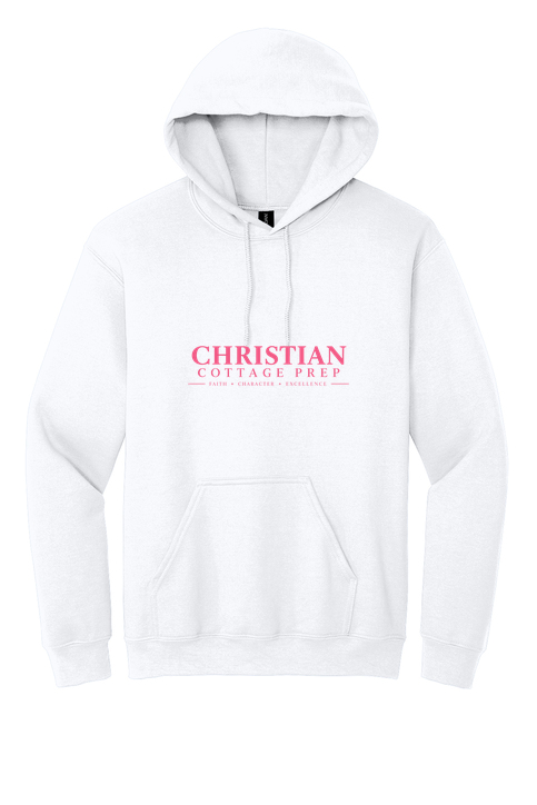 Christian Cottage Prep Pink Logo Full Chest One Sided Hooded Sweatshirt