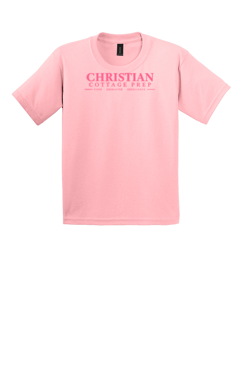 Christian Cottage Prep Youth Pink Logo Full Chest T-Shirt