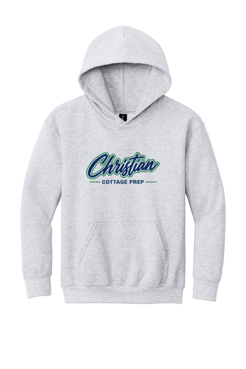Christian Cottage Prep Youth Script Logo Full Chest One Sided Hooded Sweatshirt