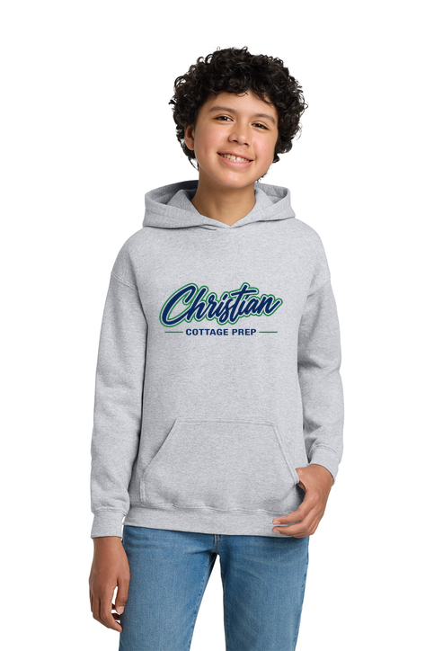 Christian Cottage Prep Youth Script Logo Full Chest One Sided Hooded Sweatshirt