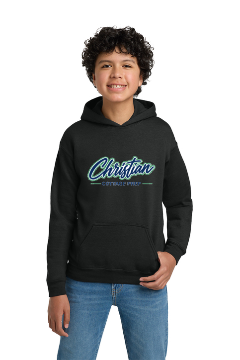 Christian Cottage Prep Youth Script Logo Full Chest One Sided Hooded Sweatshirt