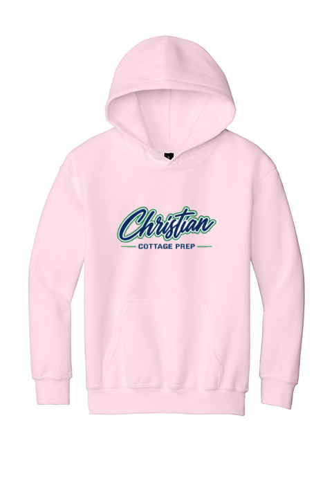 Christian Cottage Prep Youth Script Logo Full Chest One Sided Hooded Sweatshirt