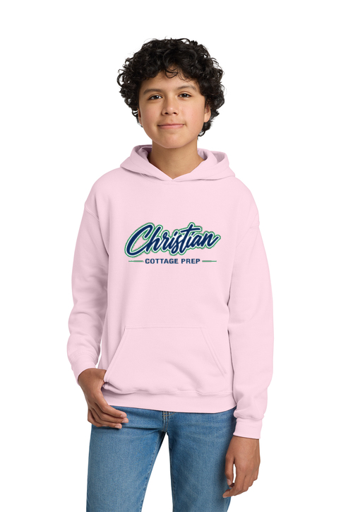 Christian Cottage Prep Youth Script Logo Full Chest One Sided Hooded Sweatshirt