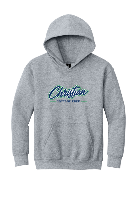 Christian Cottage Prep Youth Script Logo Full Chest One Sided Hooded Sweatshirt