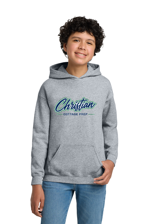 Christian Cottage Prep Youth Script Logo Full Chest One Sided Hooded Sweatshirt