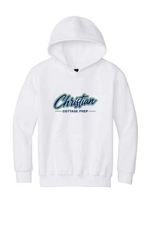 Christian Cottage Prep Youth Script Logo Full Chest One Sided Hooded Sweatshirt