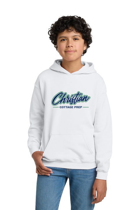 Christian Cottage Prep Youth Script Logo Full Chest One Sided Hooded Sweatshirt