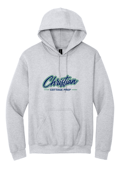 Christian Cottage Prep Script Logo Full Chest One Sided Hooded Sweatshirt