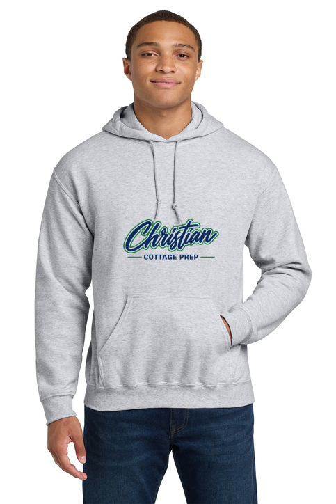 Christian Cottage Prep Script Logo Full Chest One Sided Hooded Sweatshirt