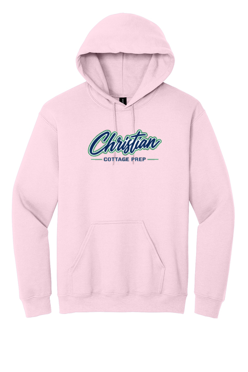 Christian Cottage Prep Script Logo Full Chest One Sided Hooded Sweatshirt