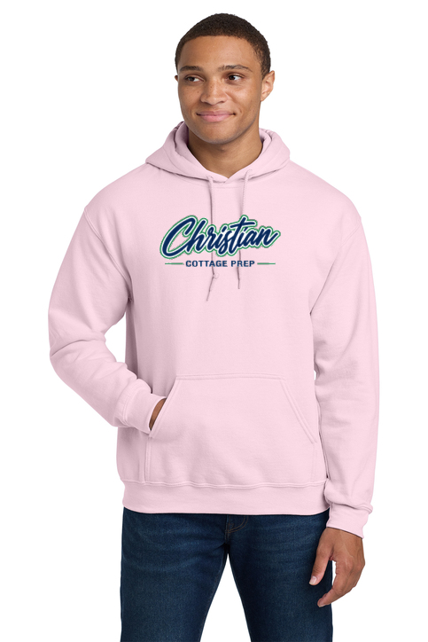 Christian Cottage Prep Script Logo Full Chest One Sided Hooded Sweatshirt