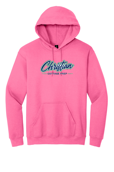 Christian Cottage Prep Script Logo Full Chest One Sided Hooded Sweatshirt