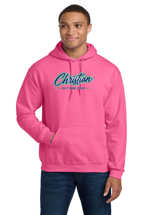 Christian Cottage Prep Script Logo Full Chest One Sided Hooded Sweatshirt