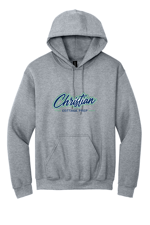 Christian Cottage Prep Script Logo Full Chest One Sided Hooded Sweatshirt