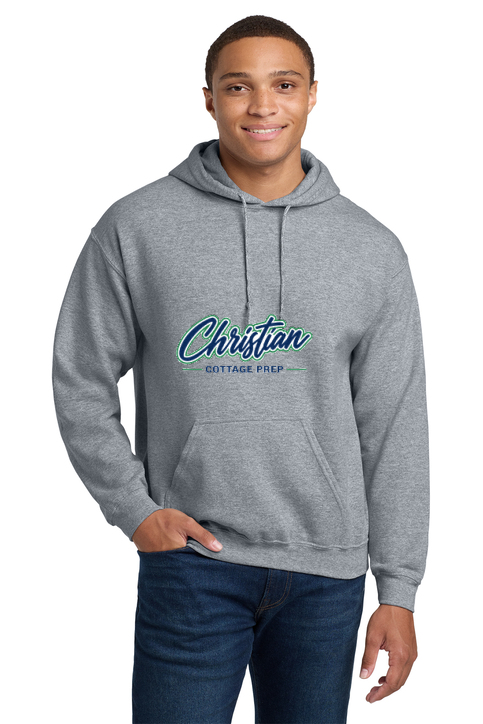 Christian Cottage Prep Script Logo Full Chest One Sided Hooded Sweatshirt