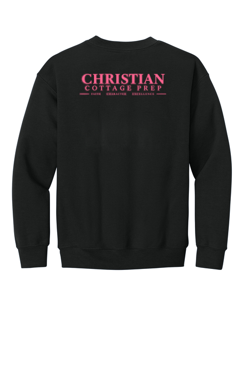 Christian Cottage Prep Youth Pink Logo Full Chest Two Sided Sweatshirt