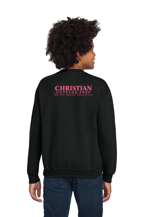 Christian Cottage Prep Youth Pink Logo Full Chest Two Sided Sweatshirt