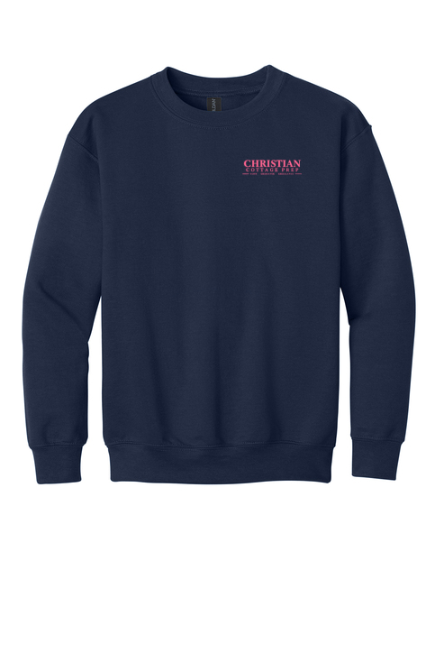 Christian Cottage Prep Youth Pink Logo Full Chest Two Sided Sweatshirt