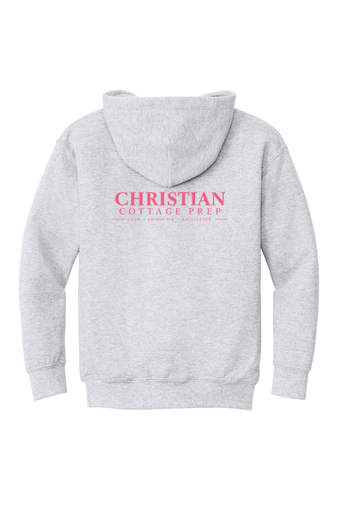Christian Cottage Prep Youth Pink Logo Full Chest Two Sided Hooded Sweatshirt