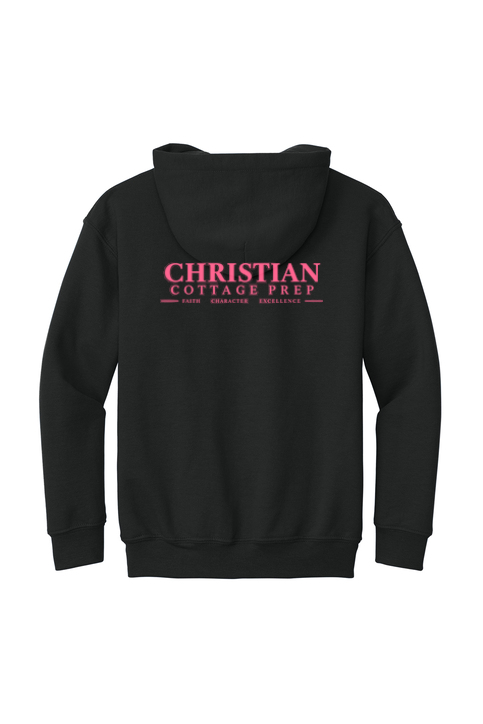 Christian Cottage Prep Youth Pink Logo Full Chest Two Sided Hooded Sweatshirt
