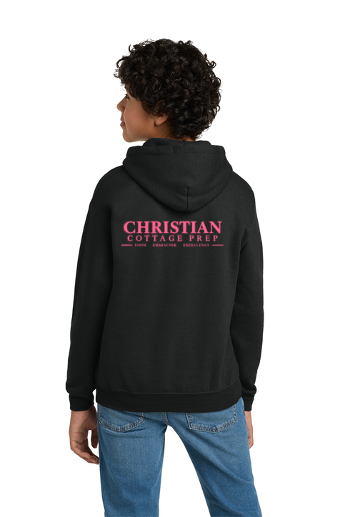 Christian Cottage Prep Youth Pink Logo Full Chest Two Sided Hooded Sweatshirt