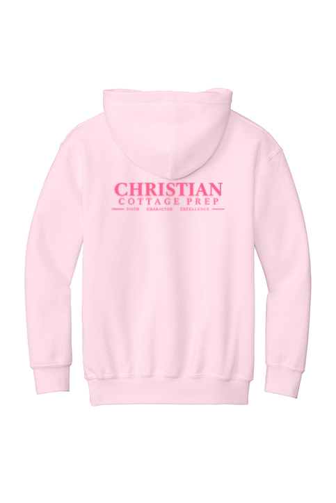Christian Cottage Prep Youth Pink Logo Full Chest Two Sided Hooded Sweatshirt