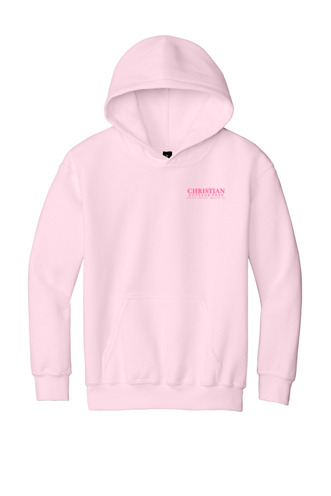 Christian Cottage Prep Youth Pink Logo Full Chest Two Sided Hooded Sweatshirt