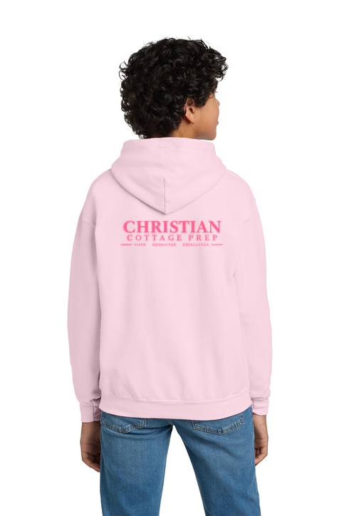 Christian Cottage Prep Youth Pink Logo Full Chest Two Sided Hooded Sweatshirt