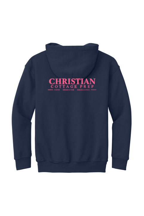 Christian Cottage Prep Youth Pink Logo Full Chest Two Sided Hooded Sweatshirt