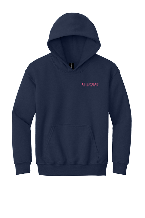 Christian Cottage Prep Youth Pink Logo Full Chest Two Sided Hooded Sweatshirt