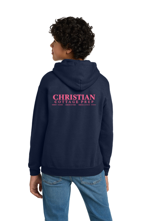 Christian Cottage Prep Youth Pink Logo Full Chest Two Sided Hooded Sweatshirt