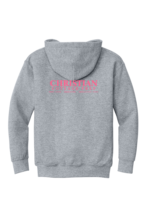 Christian Cottage Prep Youth Pink Logo Full Chest Two Sided Hooded Sweatshirt