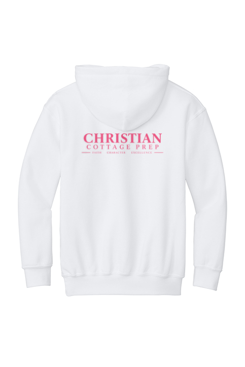 Christian Cottage Prep Youth Pink Logo Full Chest Two Sided Hooded Sweatshirt