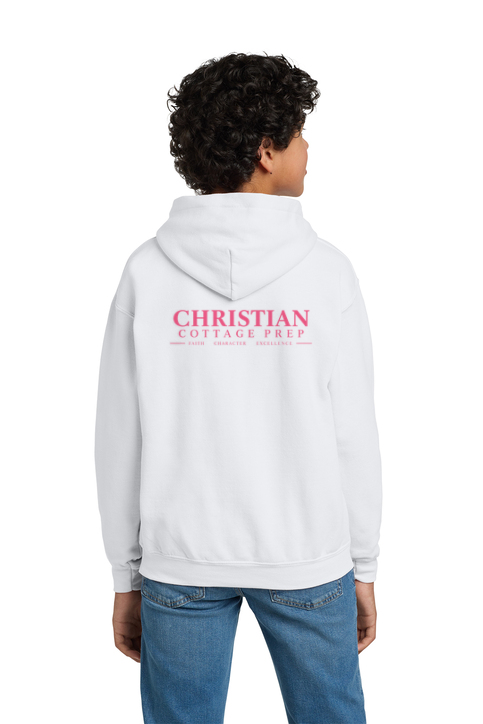 Christian Cottage Prep Youth Pink Logo Full Chest Two Sided Hooded Sweatshirt