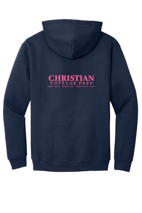 Christian Cottage Prep Pink Logo Left Chest Front / Full Back Hooded Sweatshirt