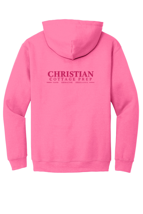 Christian Cottage Prep Pink Logo Left Chest Front / Full Back Hooded Sweatshirt
