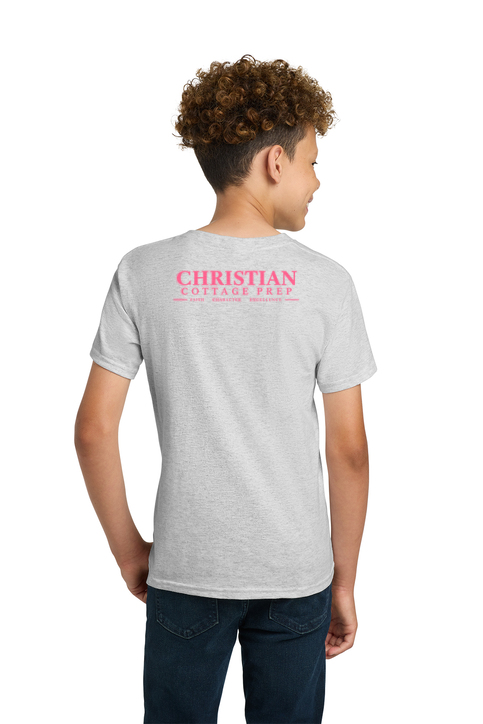 Christian Cottage Prep Youth Pink Logo Full Chest Two Sided T-Shirt